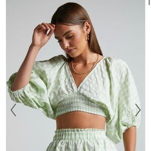 Showpo Madelyn Top - V Neck Batwing Puff Sleeve Crop Top in Mint Gingham